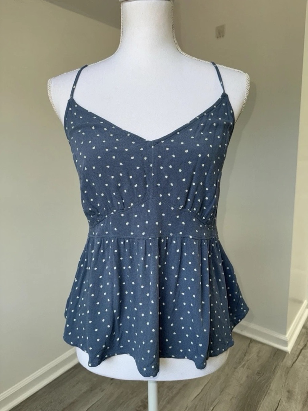 Abercrombie & Fitch Blue Polka Dot Spaghetti Strap Peplum Camisole